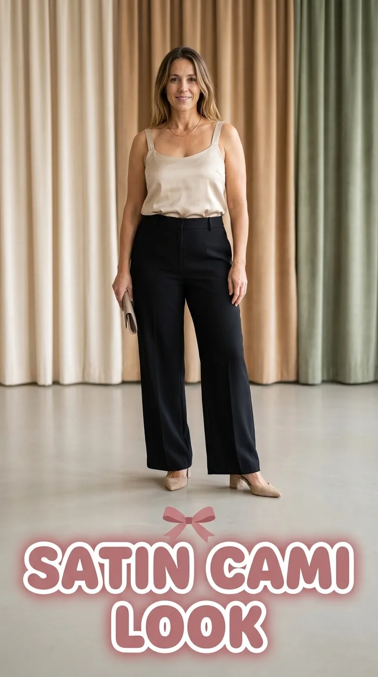 Plus size woman in a champagne satin camisole and black wide-leg trousers with pointed mules