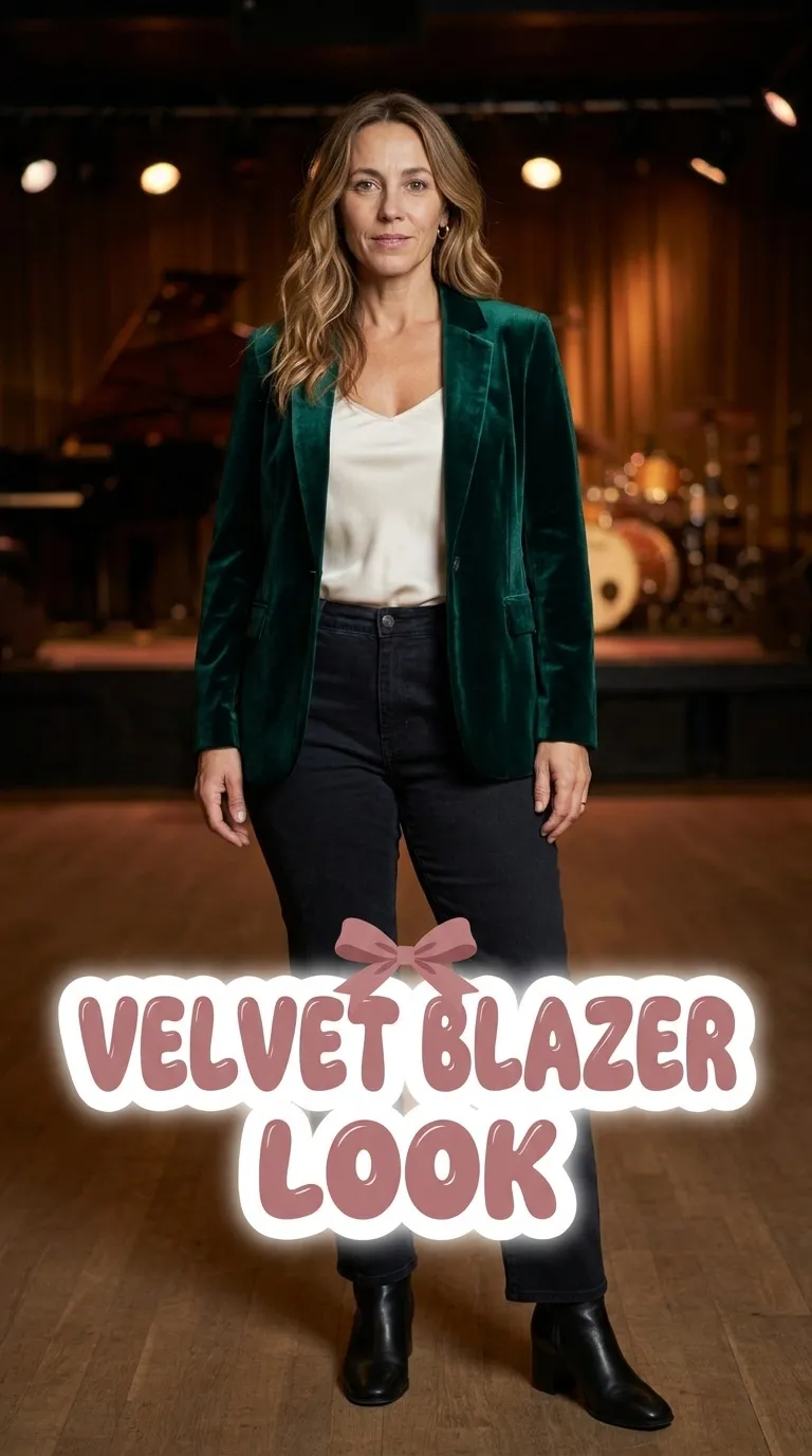 Plus size woman wearing a deep emerald velvet blazer over an ivory camisole with dark jeans and ankle boots