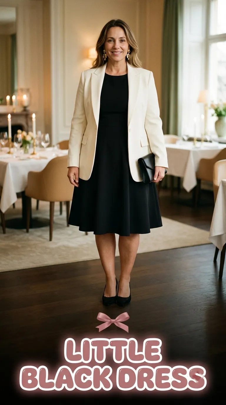 Plus size woman in a black fit-and-flare dress with an ivory blazer and low-heel pumps
