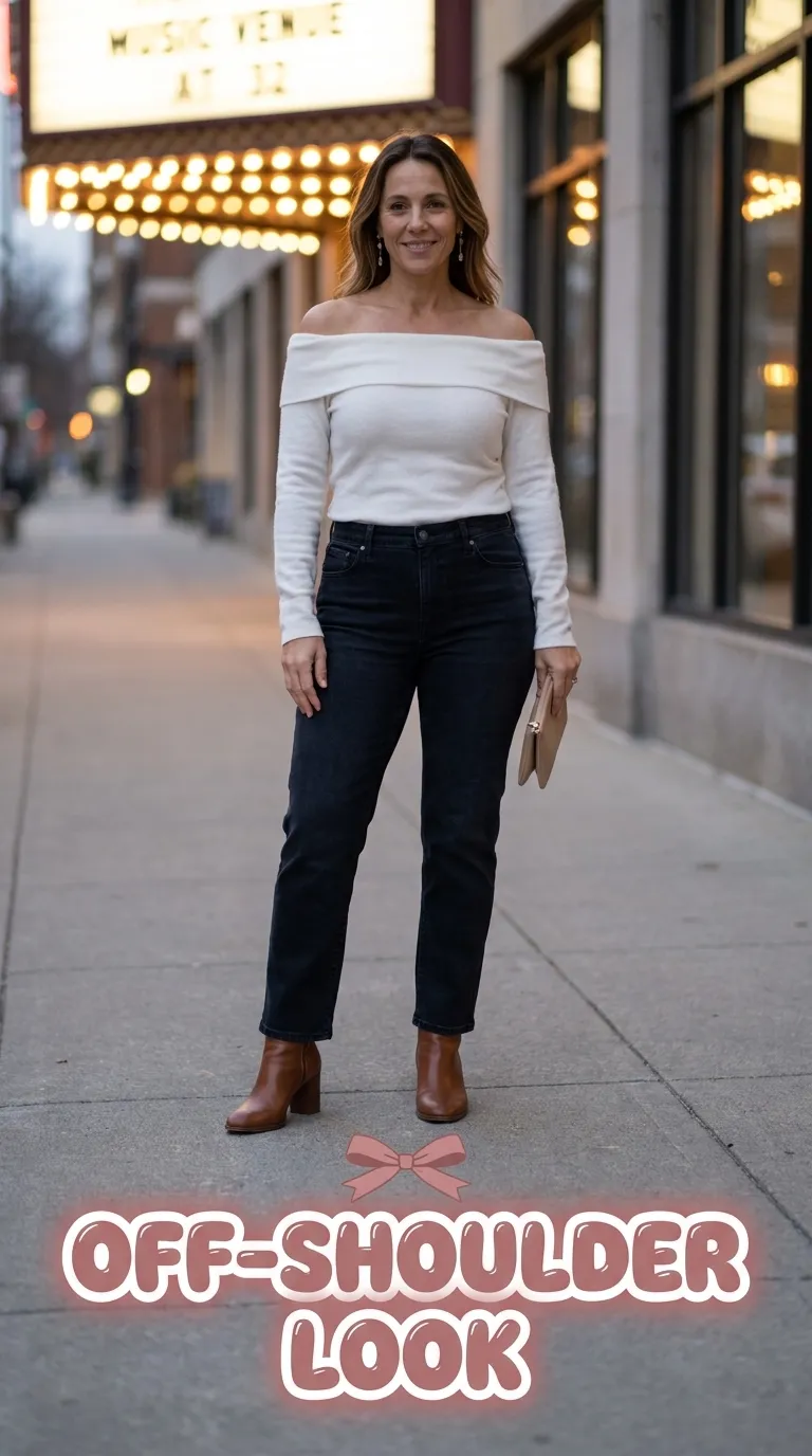 Plus size woman in a soft white off-the-shoulder top with dark jeans and heeled ankle booties
