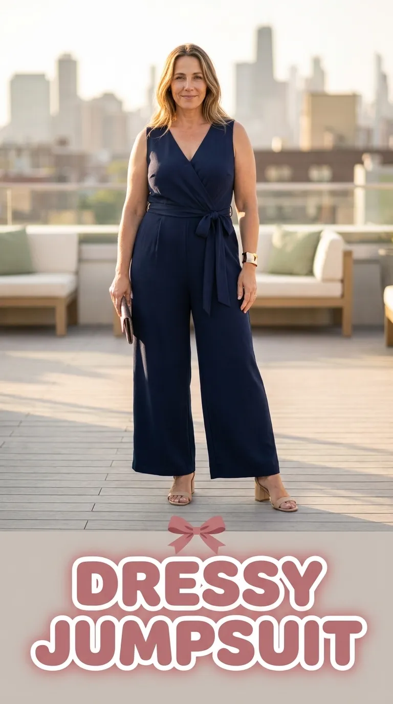 Plus size woman in a navy crepe wide-leg jumpsuit with a tie waist and block-heel sandals