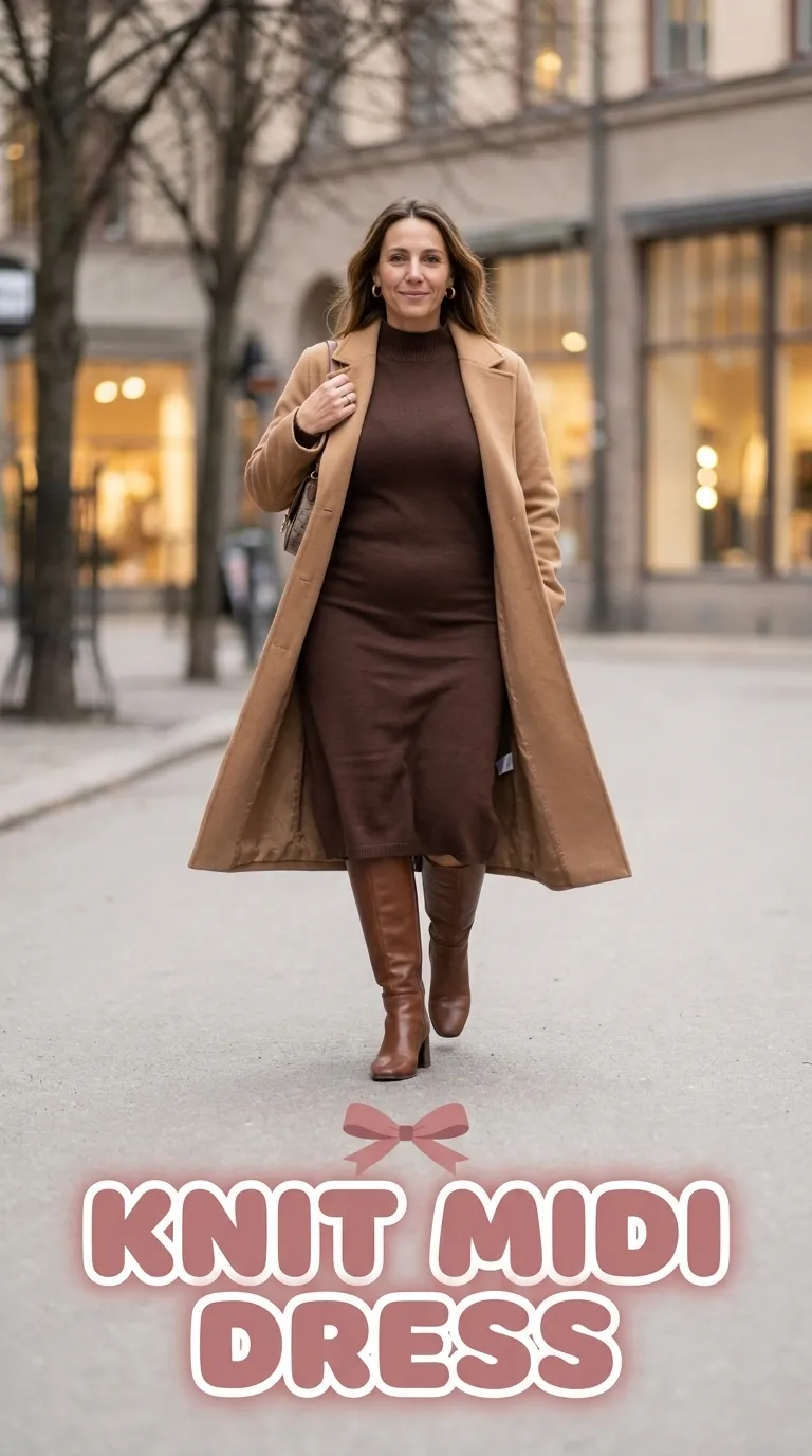 Plus size woman in a chocolate brown knit midi dress with a camel long coat and knee-high boots