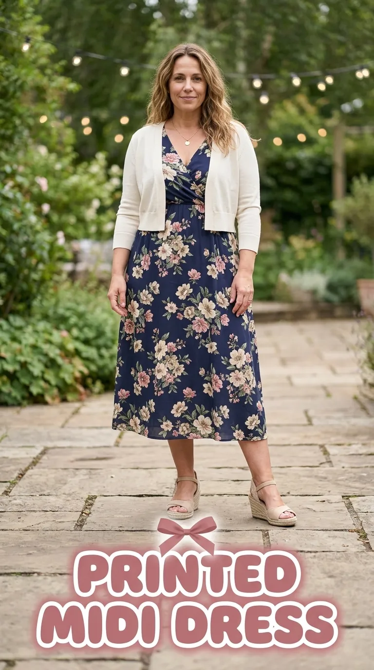 Plus size woman in a navy floral midi dress with a cream cardigan and wedge sandals
