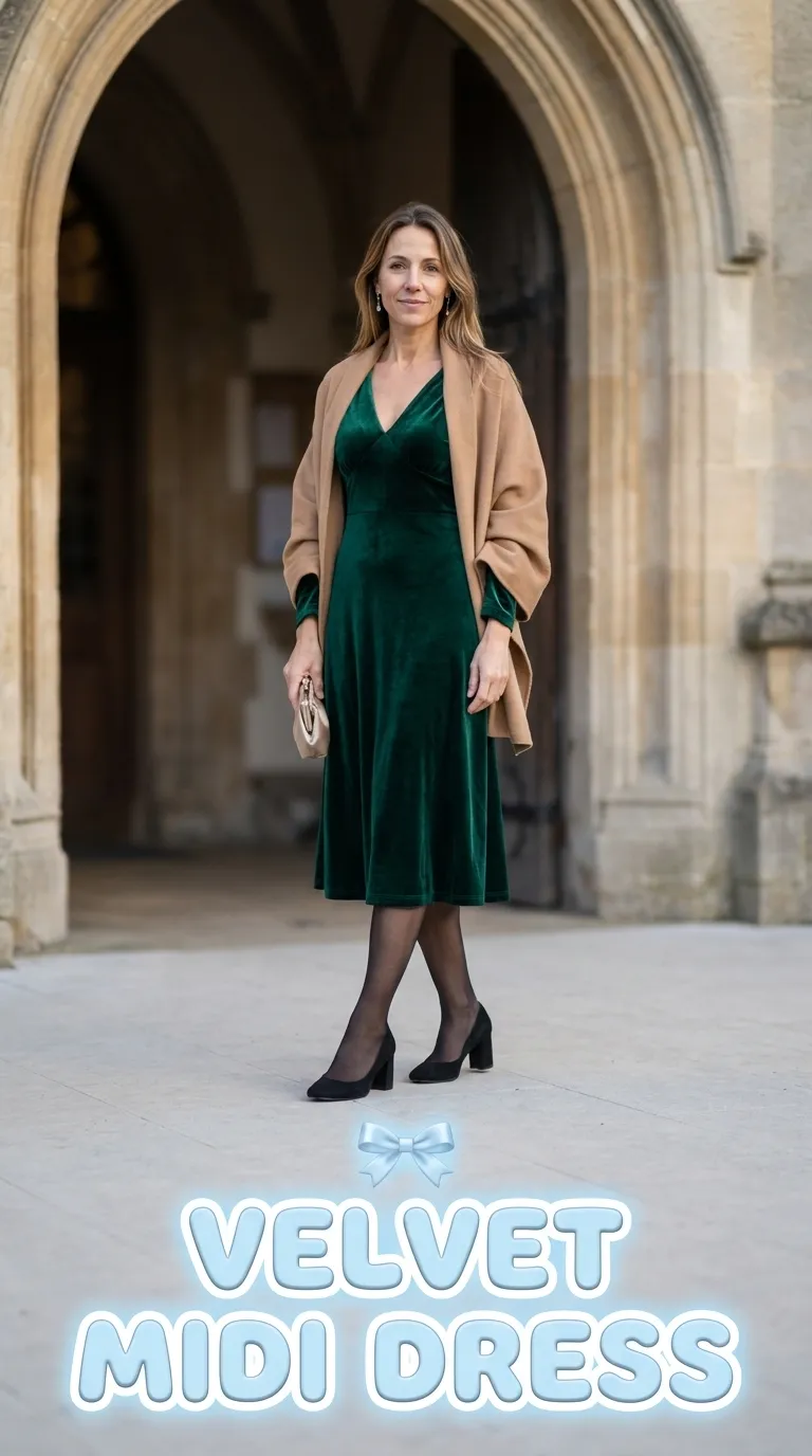 Woman in a deep emerald velvet midi dress with a camel wrap and block-heel pumps