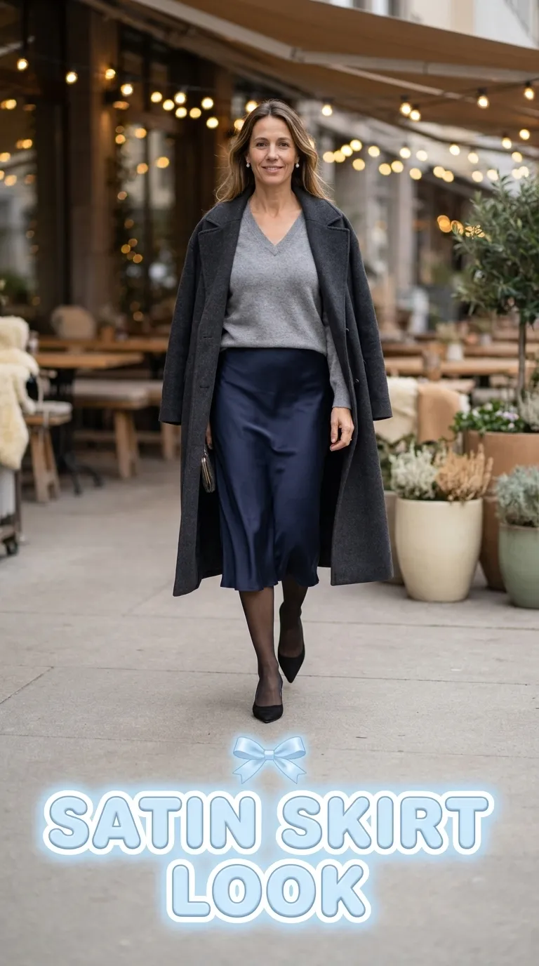 Woman in a navy satin midi skirt with a gray cashmere sweater and kitten heels