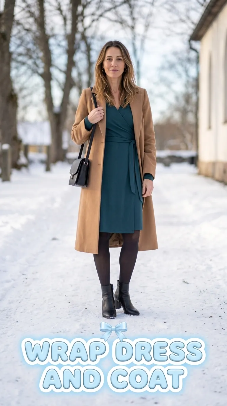 Woman in a deep teal wrap dress with a long camel coat and heeled ankle boots