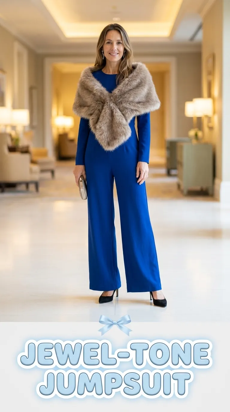 Woman in a sapphire wide-leg jumpsuit with a taupe faux fur stole and pointed-toe pumps