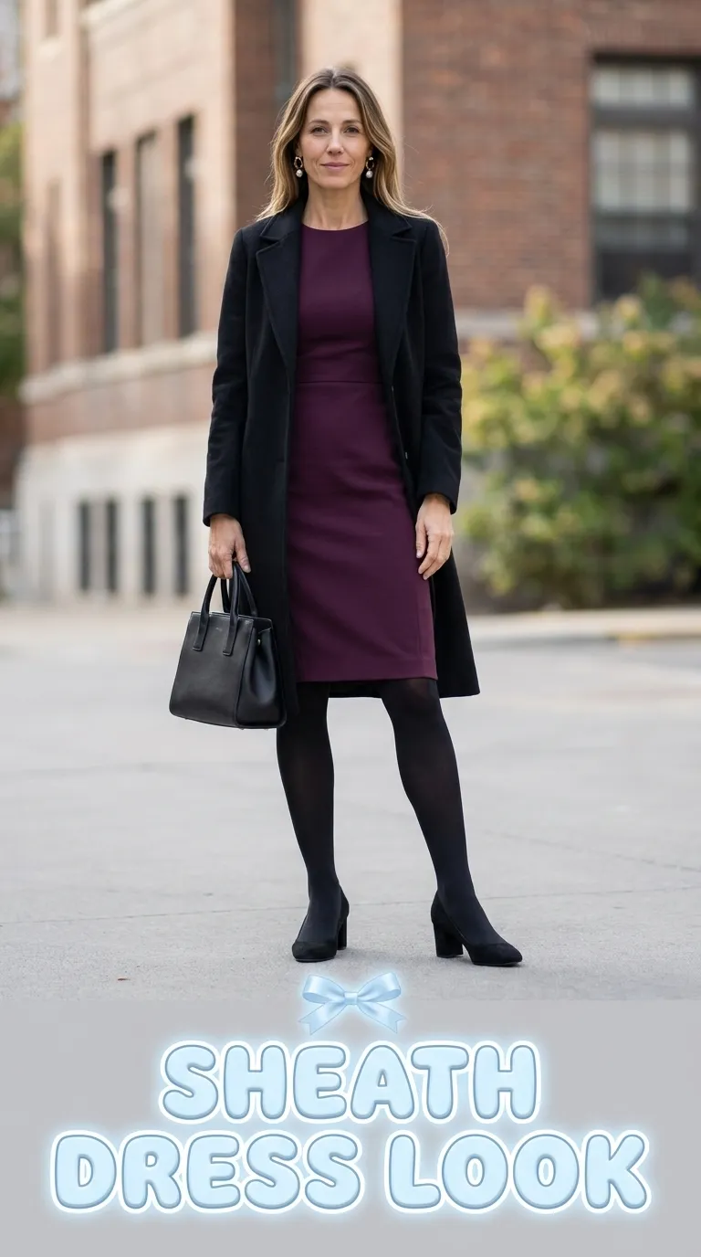 Woman in a deep plum wool crepe sheath dress with black opaque tights and block-heel pumps