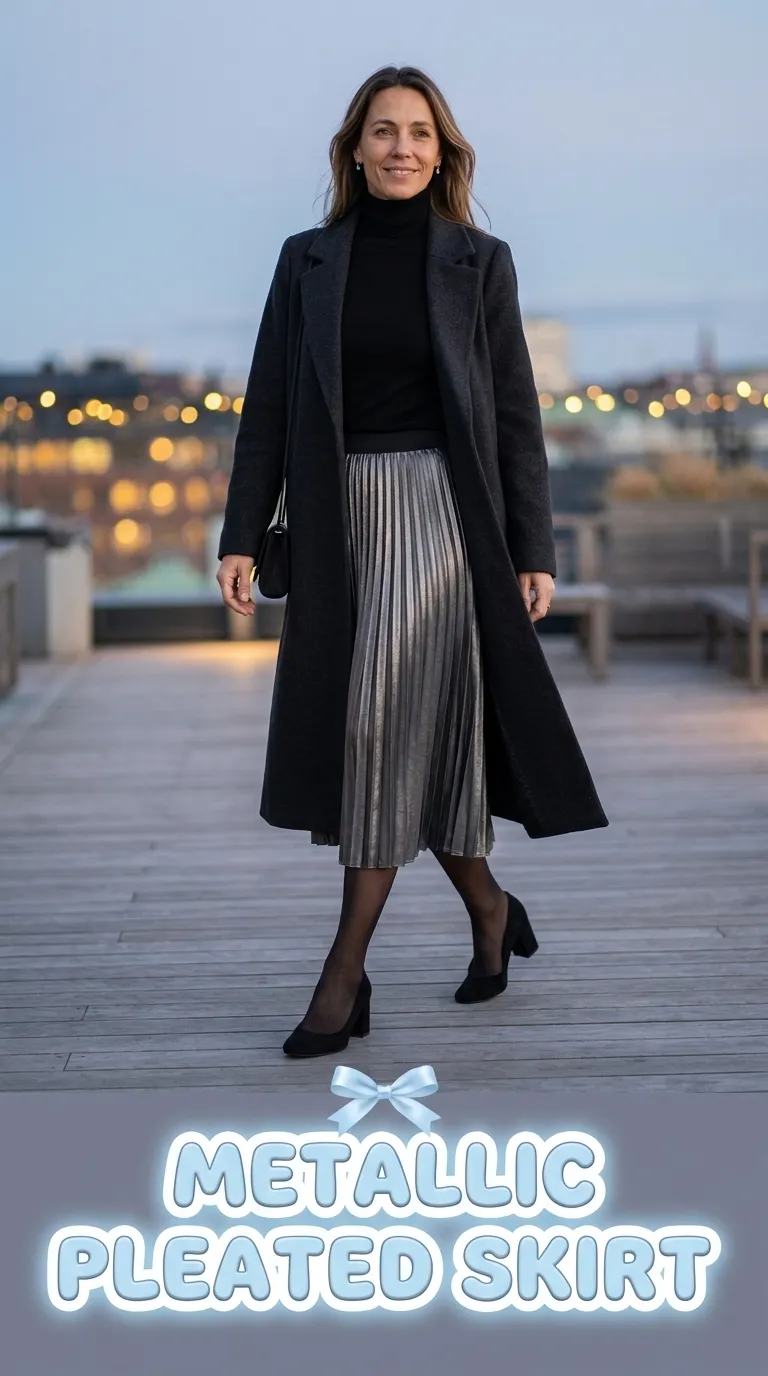 Woman in a pewter metallic pleated midi skirt with a black fitted turtleneck and suede block-heel pumps