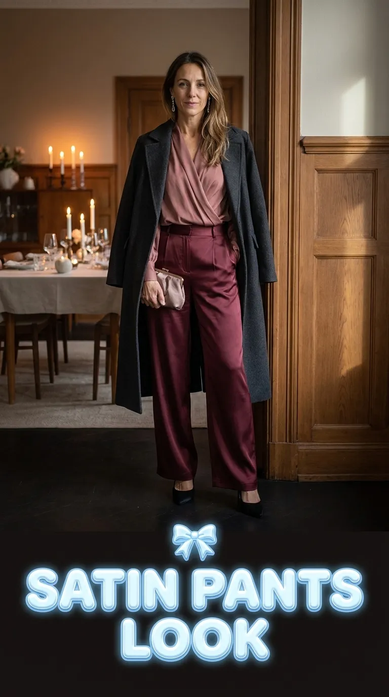 Woman in wine satin wide-leg pants with a dusty rose draped blouse and pointed-toe heels