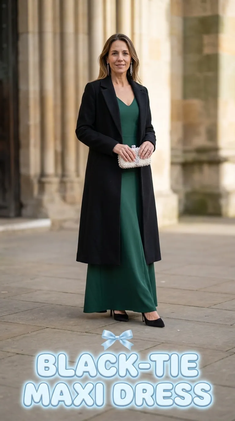 Woman in a forest green long-sleeve maxi dress with a long black wool coat and pointed-toe heels