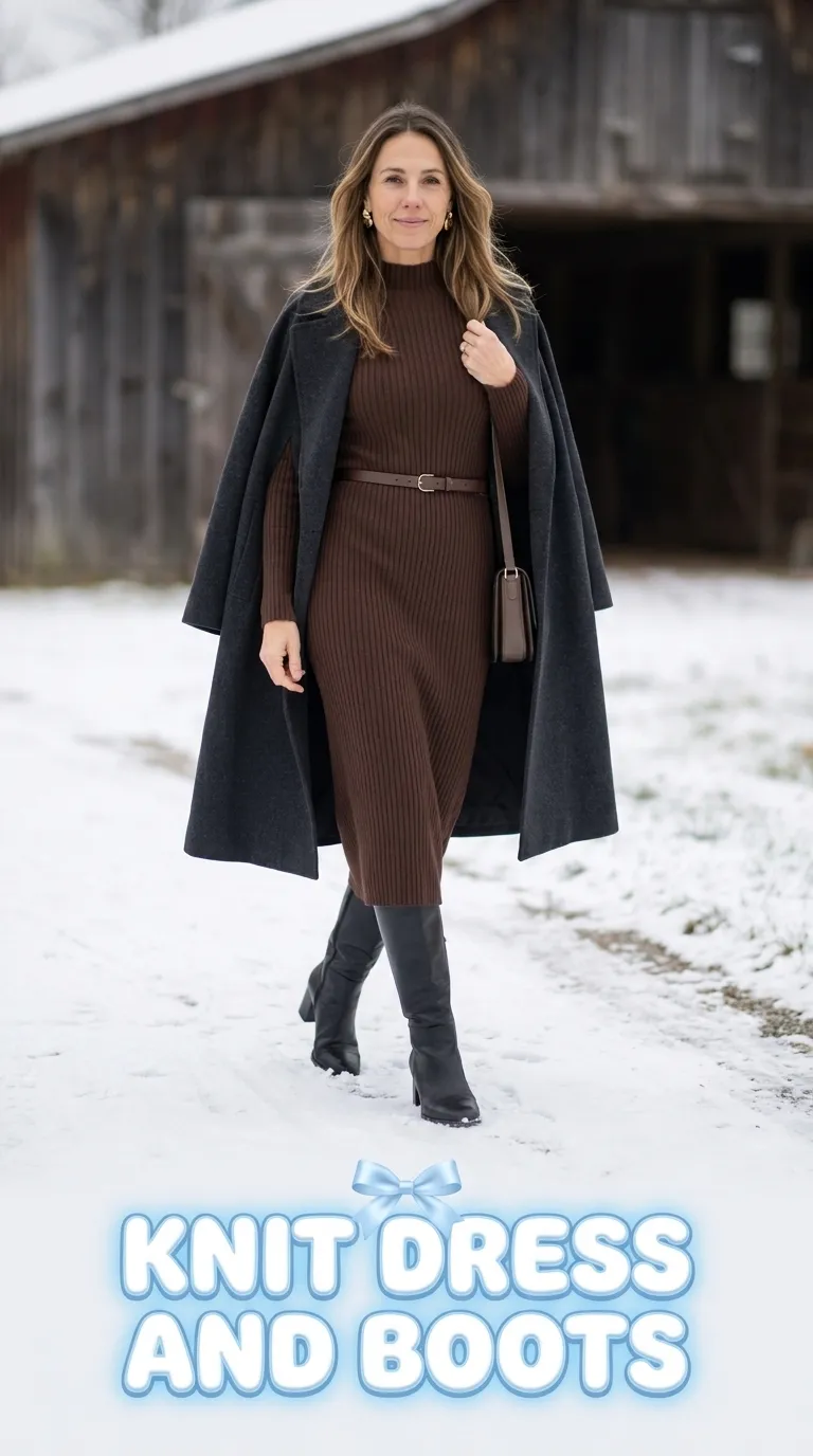 Woman in a chocolate brown ribbed knit midi dress with black knee-high boots and a charcoal cape coat