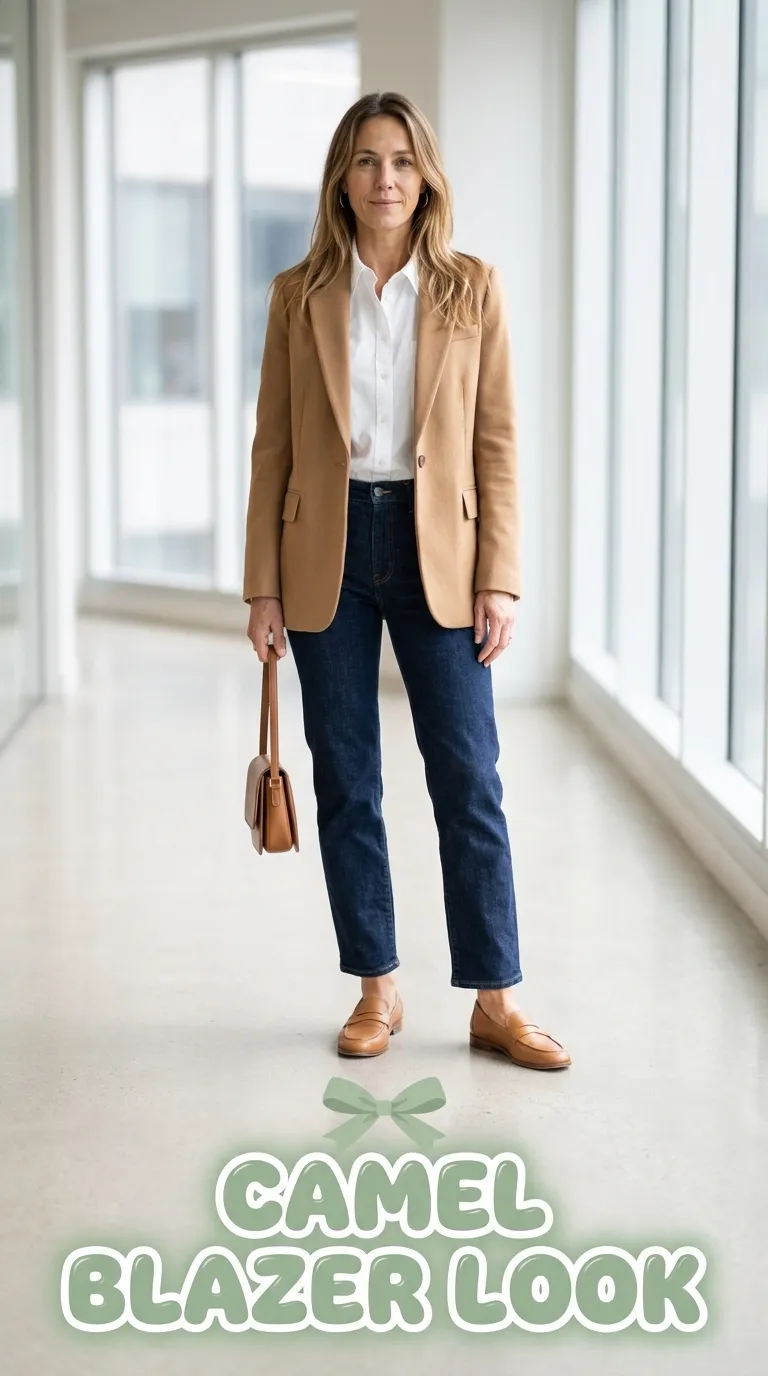 Woman wearing a camel blazer over a white shirt with dark straight-leg jeans and tan loafers