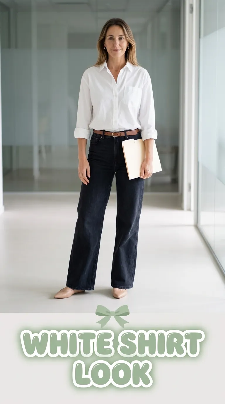 Woman wearing a white button-down shirt with high-rise wide-leg dark jeans and pointed flats