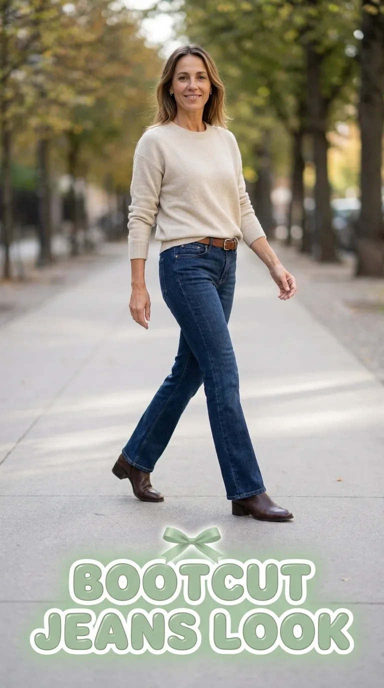 Woman wearing an oatmeal fine-knit sweater with dark bootcut jeans and low-heel ankle boots