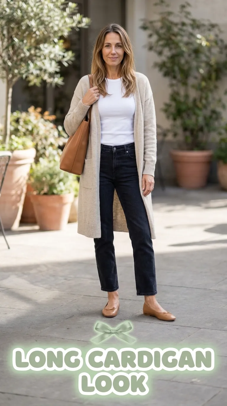 Woman wearing a long oatmeal cardigan over a white tee with dark straight jeans and ballet flats