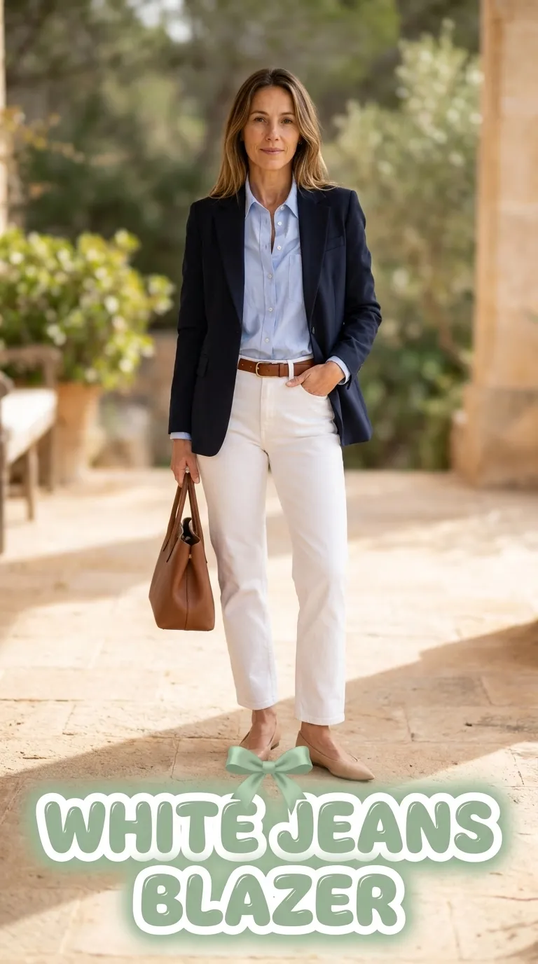 Woman wearing a navy blazer over a light blue shirt with white straight jeans and nude pointed flats