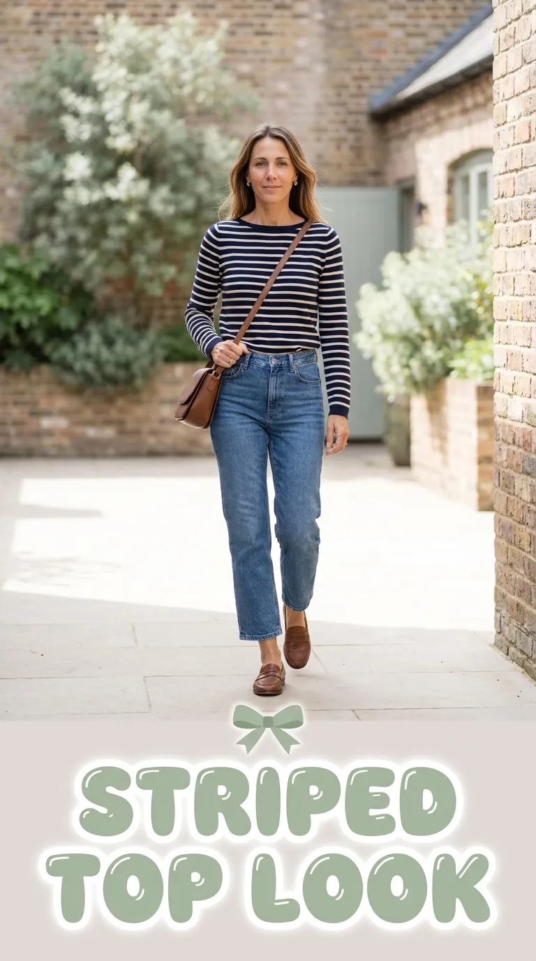 Woman wearing a navy and cream striped boatneck top with cropped straight jeans and loafers