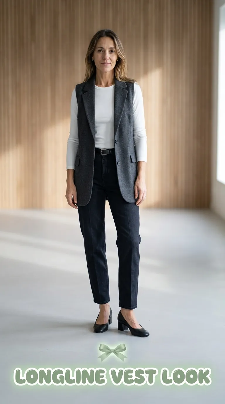 Woman wearing a charcoal longline vest over a fitted white tee with dark trouser-style jeans and block-heel pumps