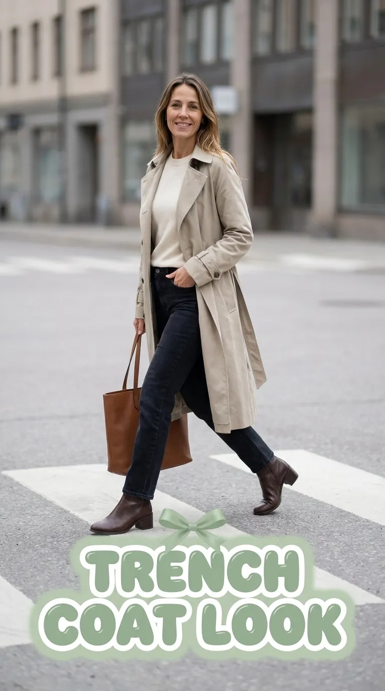 Woman wearing a stone trench coat over an ivory knit top with dark straight jeans and ankle boots