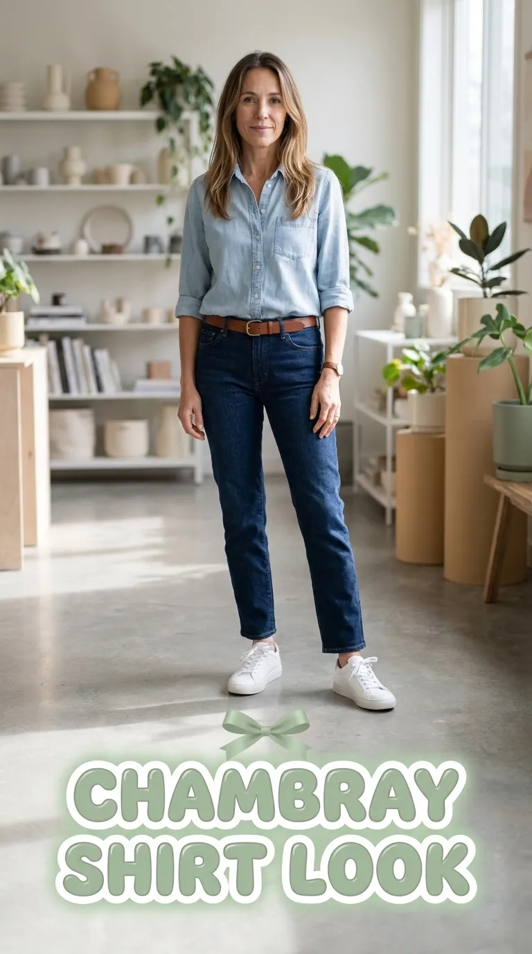 Woman wearing a light chambray shirt with dark indigo straight jeans and clean white leather sneakers