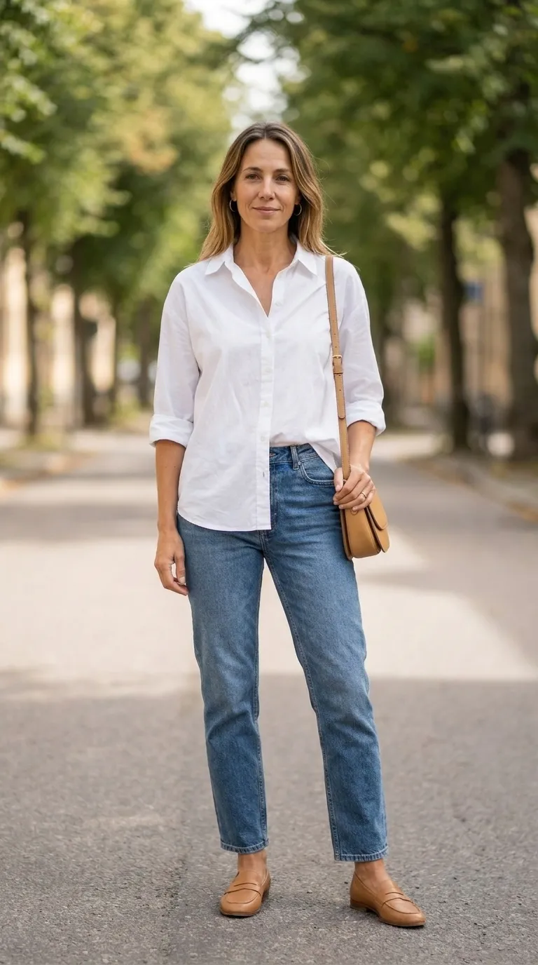 Woman wearing a white button-down shirt, straight-leg jeans and tan loafers