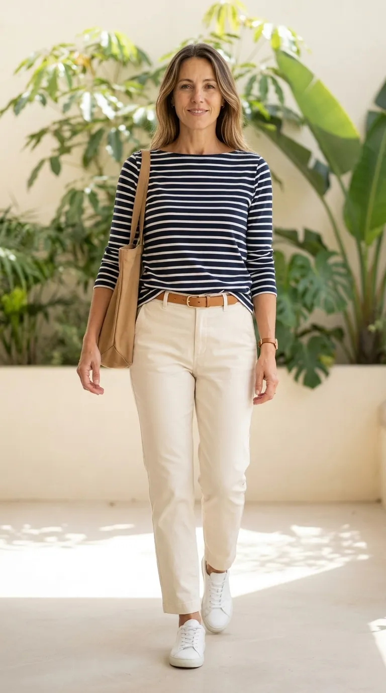 Woman wearing a navy and white striped tee with cream chinos and white sneakers
