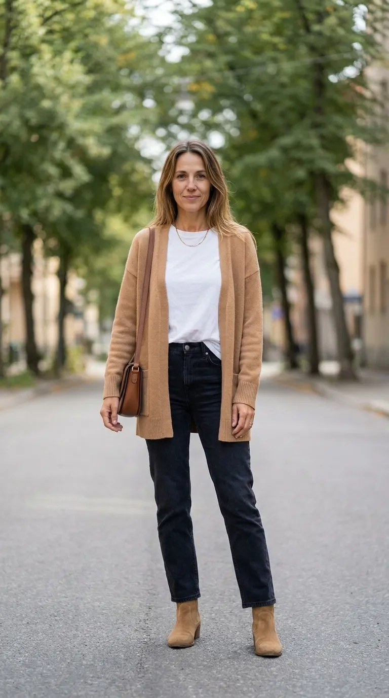Woman wearing a camel cardigan over a white tee with dark jeans and tan ankle boots
