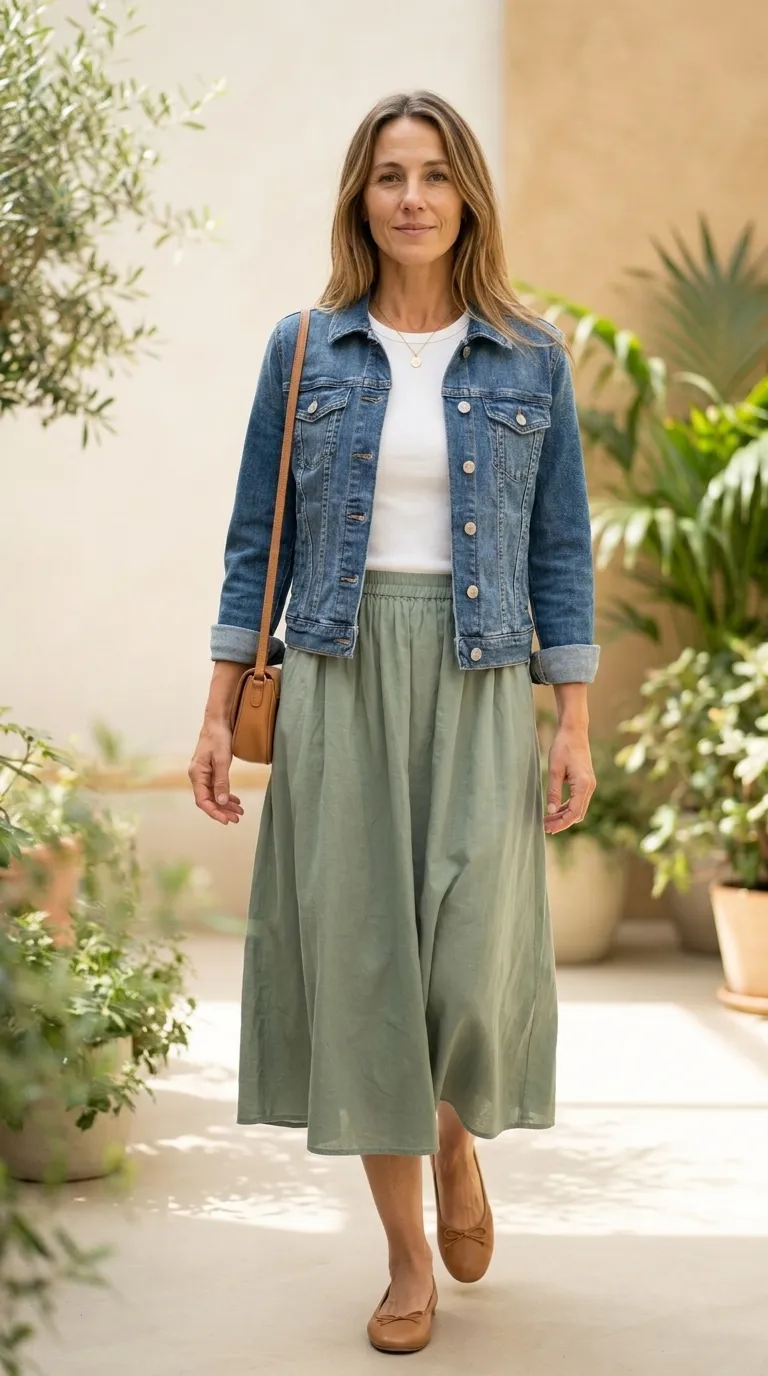 Woman wearing a denim jacket, white tee and sage green midi skirt with tan ballet flats