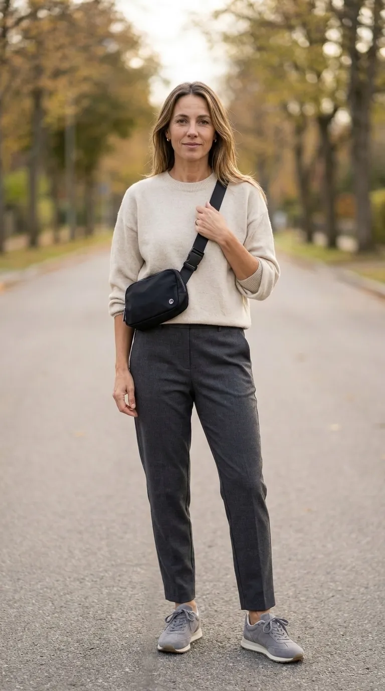Woman wearing an oatmeal crewneck sweatshirt, charcoal tailored joggers and gray suede sneakers