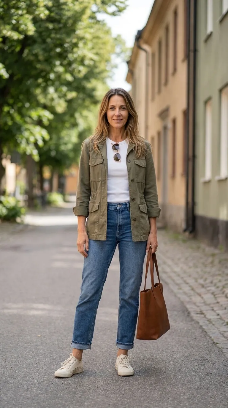 Woman wearing an olive utility jacket over a white tee with ankle jeans and cream canvas sneakers