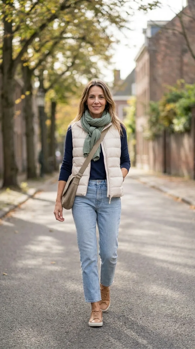 Woman wearing a cream quilted vest over a navy long-sleeve tee with cropped jeans and tan leather sneakers
