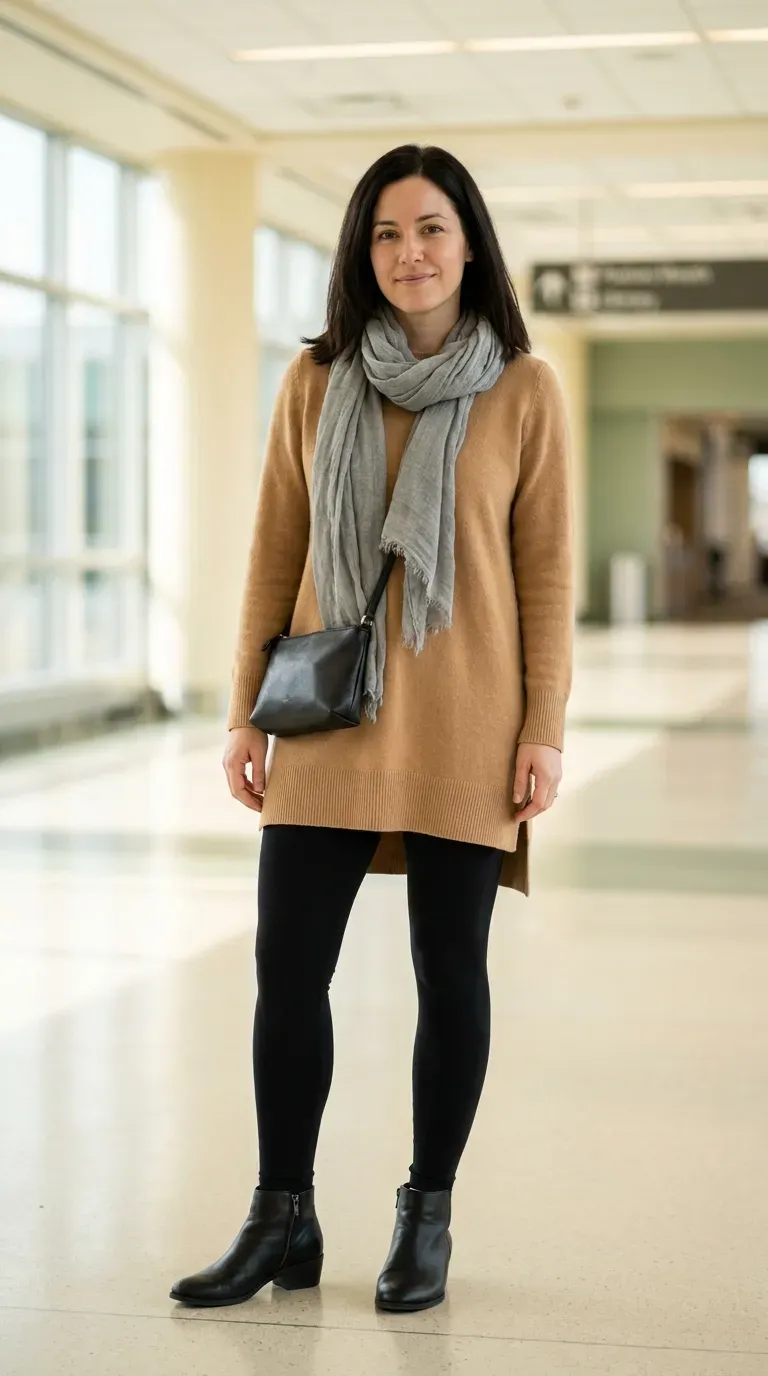 Black leggings, long camel sweater, and low ankle boots flat lay with a crossbody bag