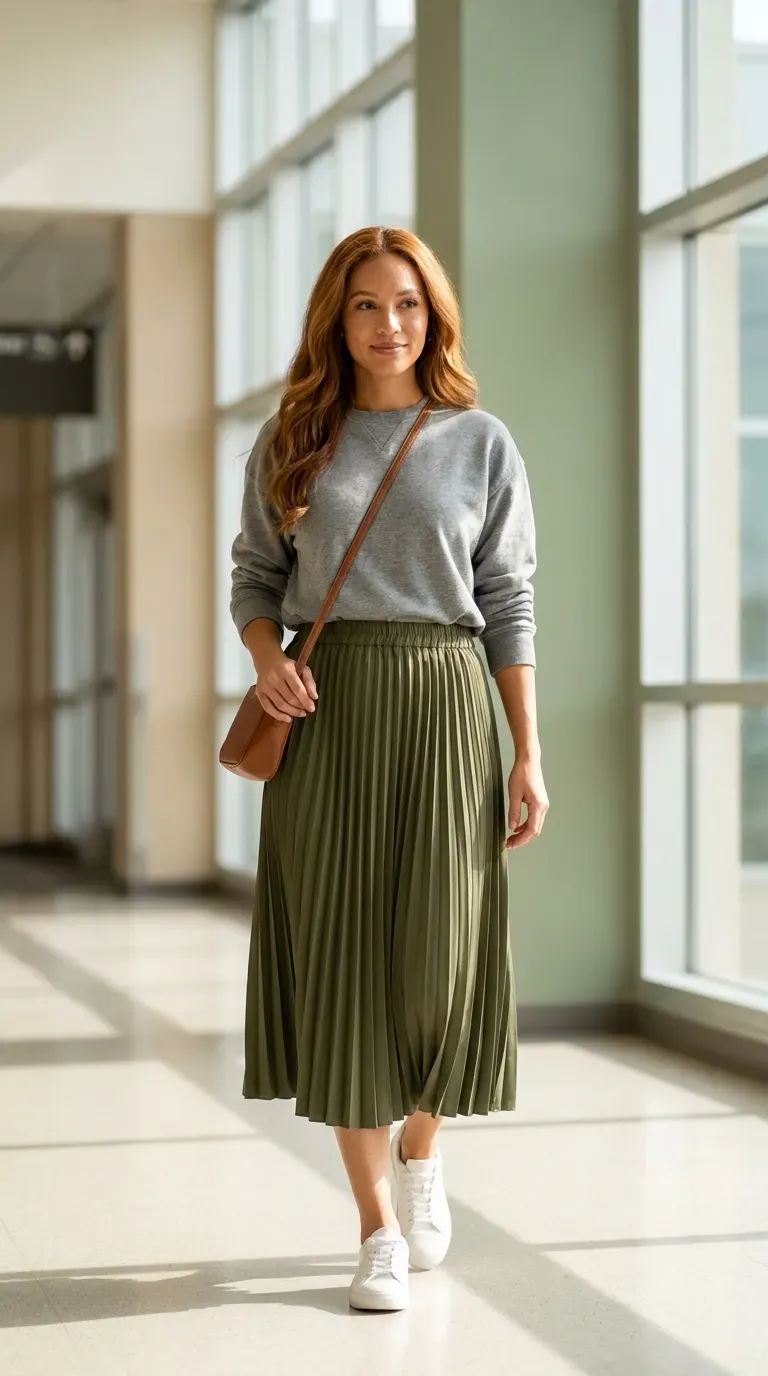 Olive pleated midi skirt, heather gray sweatshirt, and clean white sneakers flat lay with a crossbody bag