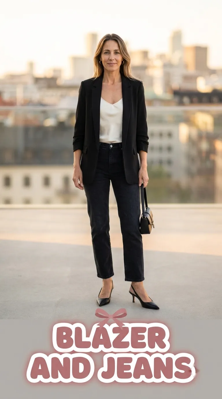 Black blazer over a silky camisole with dark straight-leg jeans and slingback heels