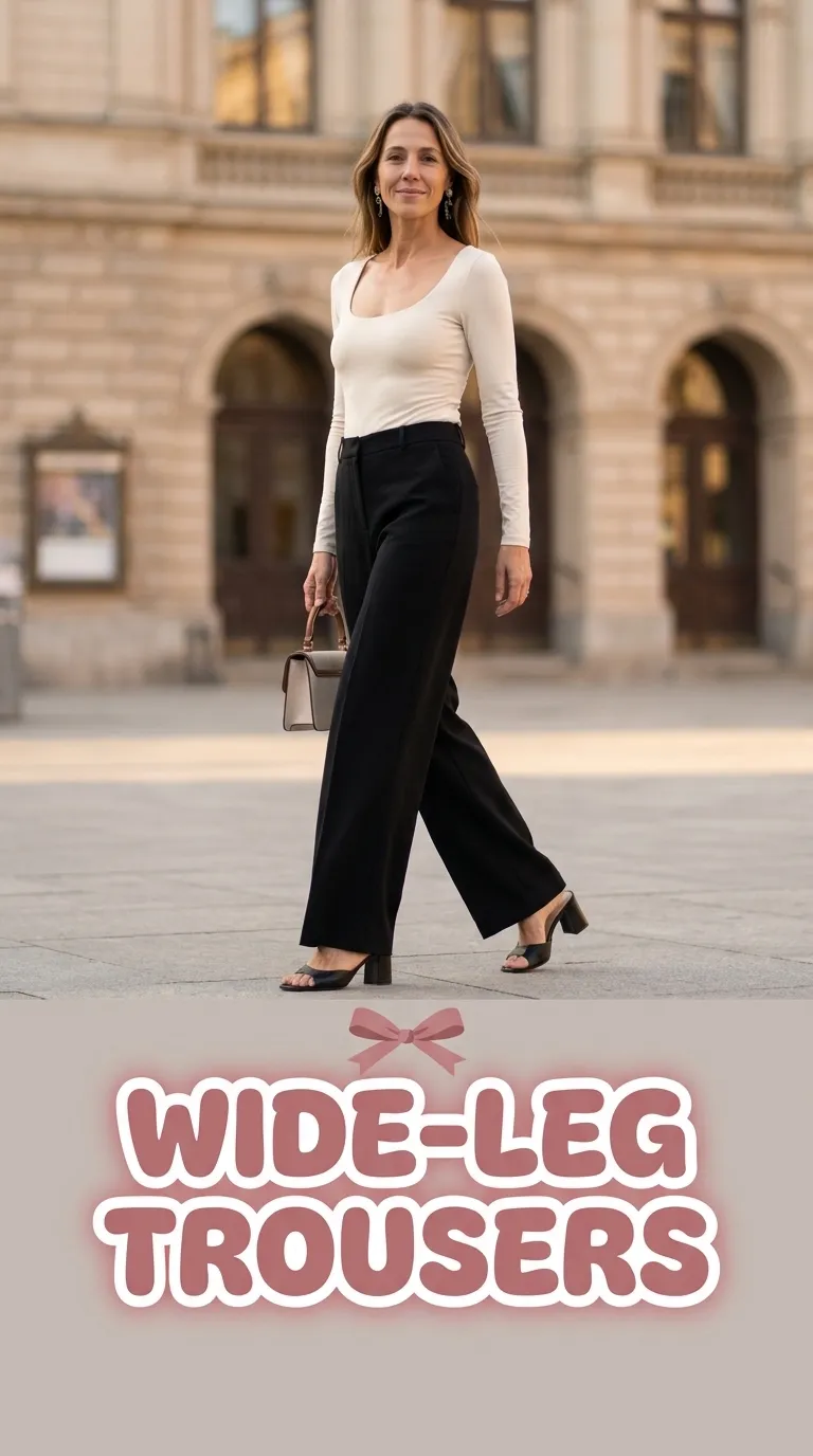 High-waisted black wide-leg trousers with a fitted bodysuit and heeled mules