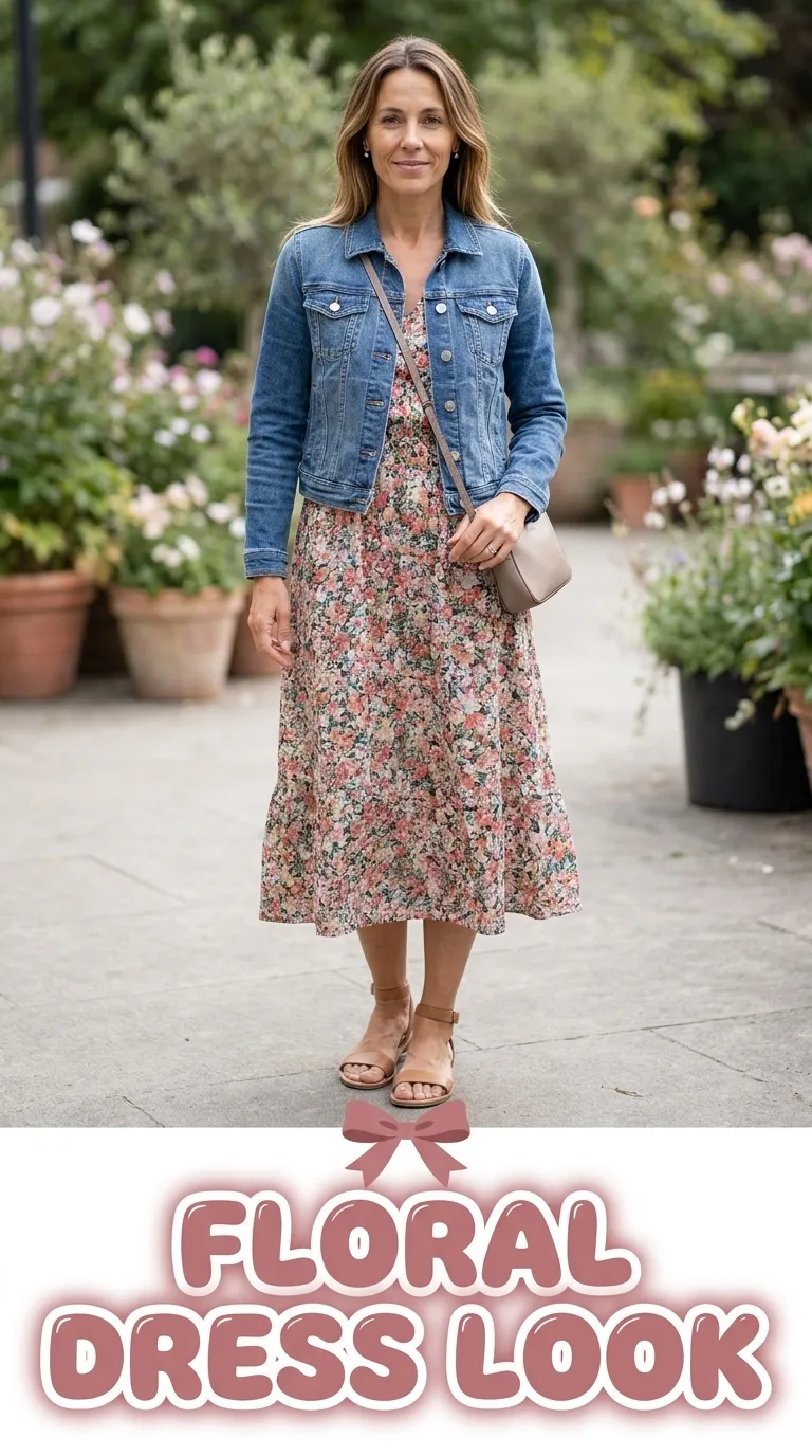 Floral midi dress with a cropped denim jacket and ankle-strap flat sandals