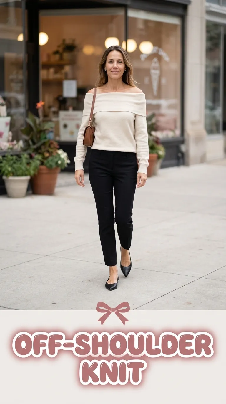 Off-the-shoulder knit sweater with slim ankle trousers and pointed flats