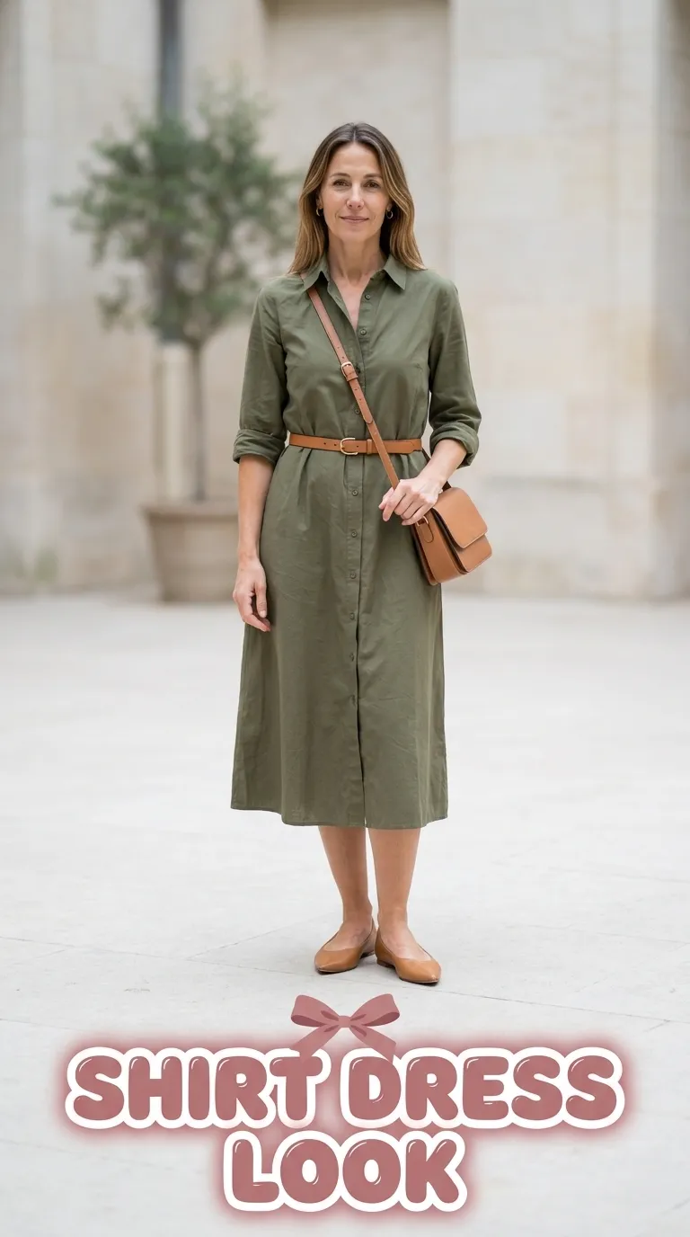 Belted olive shirt dress with pointed flats for a gallery or lunch date