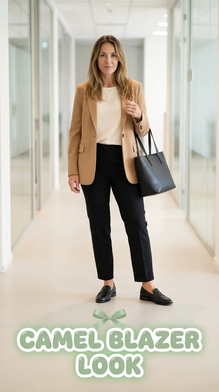 Woman in a camel blazer worn open over a cream top with black straight-leg trousers and loafers