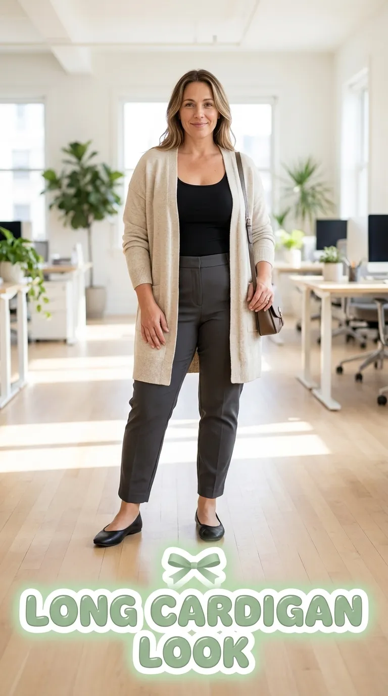 Woman in a long open cardigan over a fitted tank with tapered ankle pants and flats