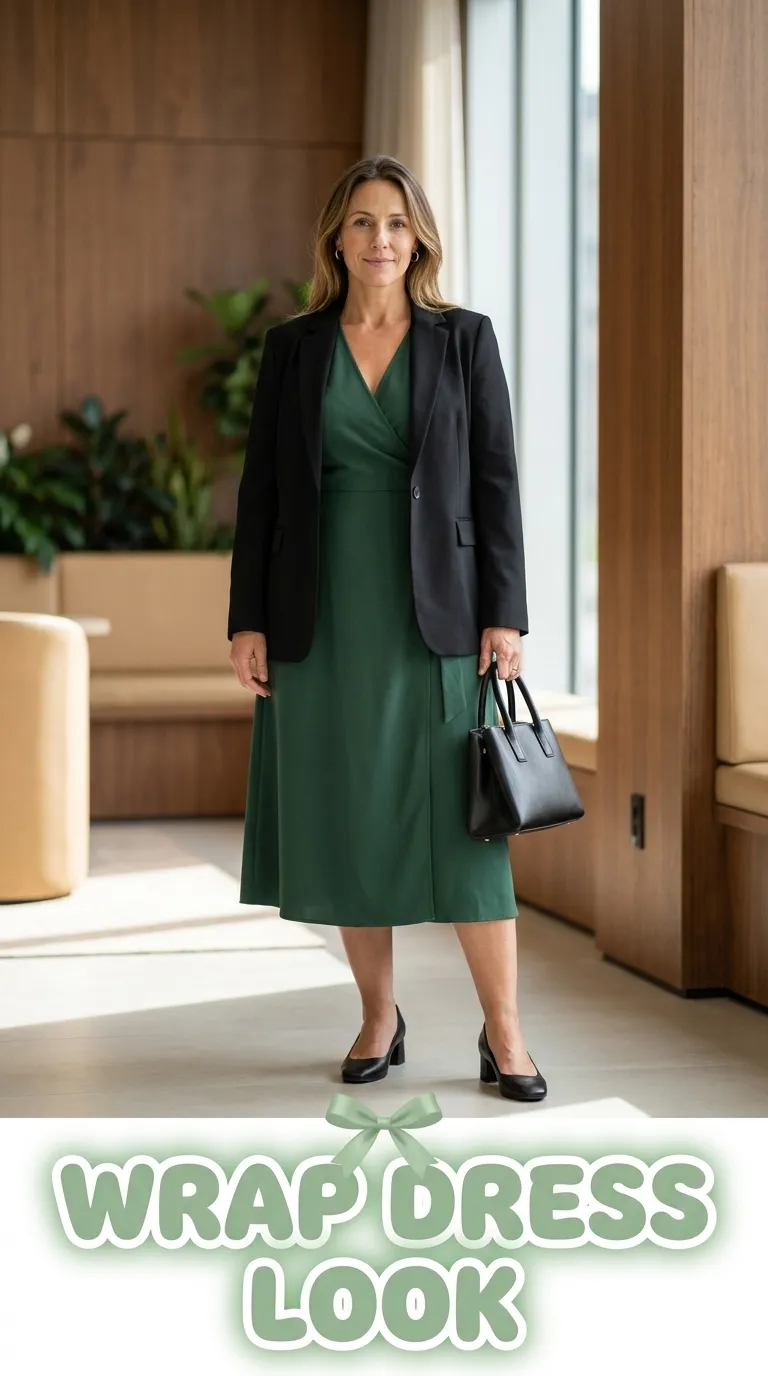 Woman in a forest green midi wrap dress with a black tailored blazer and block-heel pumps
