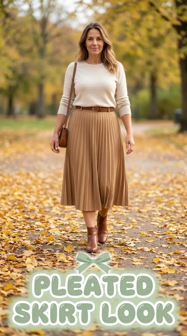 Woman in a camel pleated midi skirt with a tucked fine-knit top and block-heel ankle boots