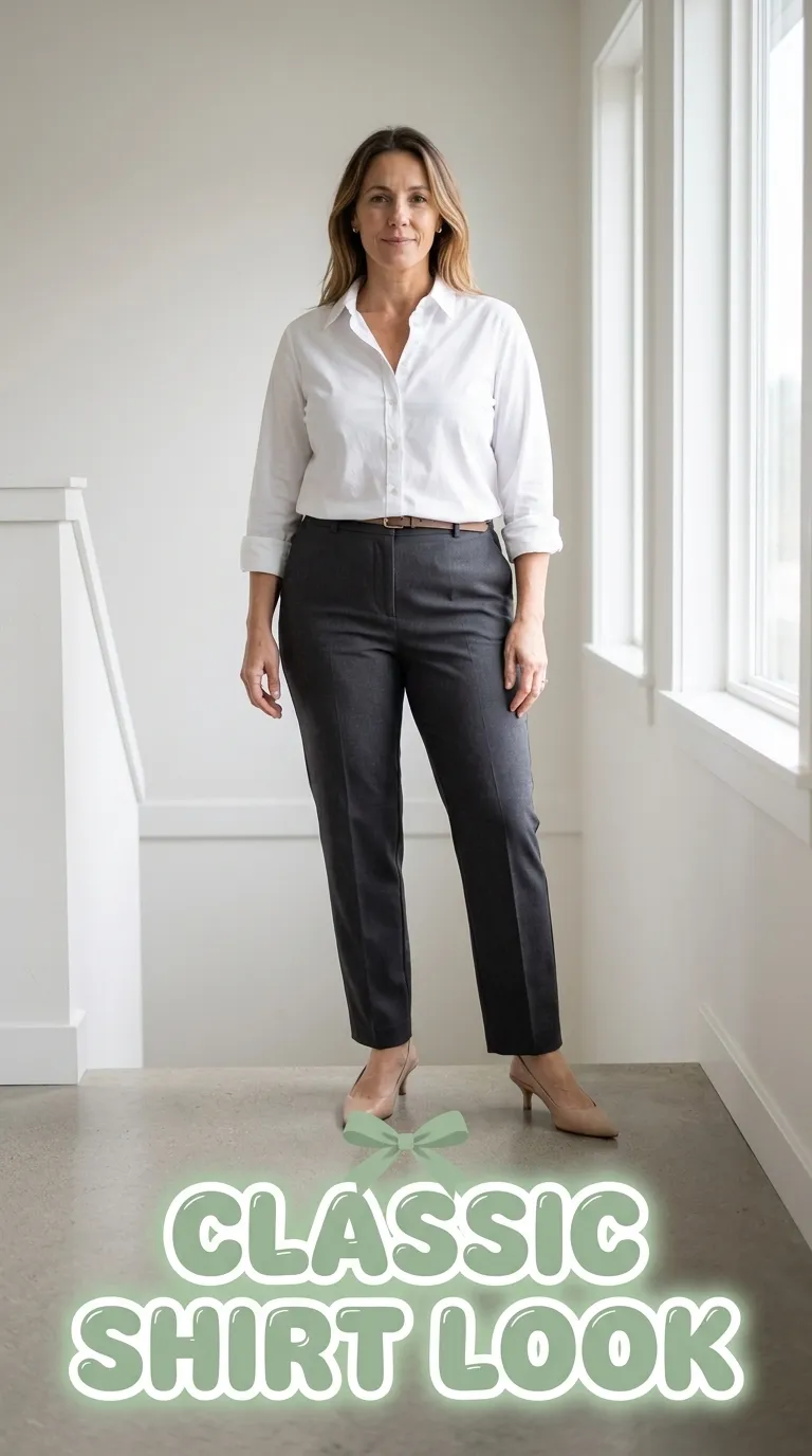 Woman in a white button-down shirt tucked into charcoal tailored pants with kitten-heel slingbacks