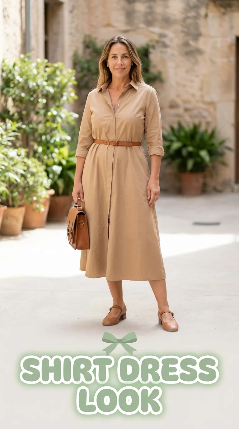 Woman in a tan midi shirt dress with a belt at the waist and low-heel Mary Janes