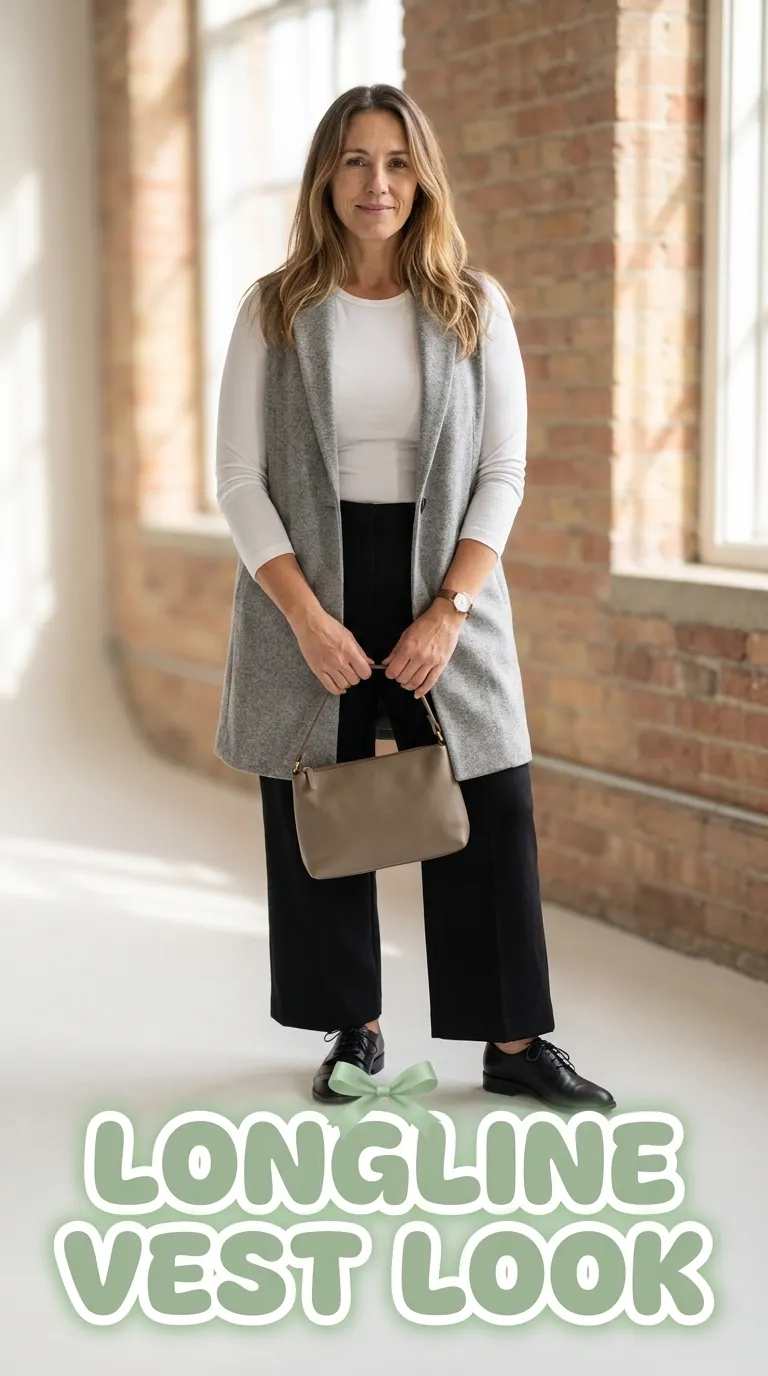 Woman in a heather gray longline vest over a white tee with black wide-leg pants and lace-up oxfords