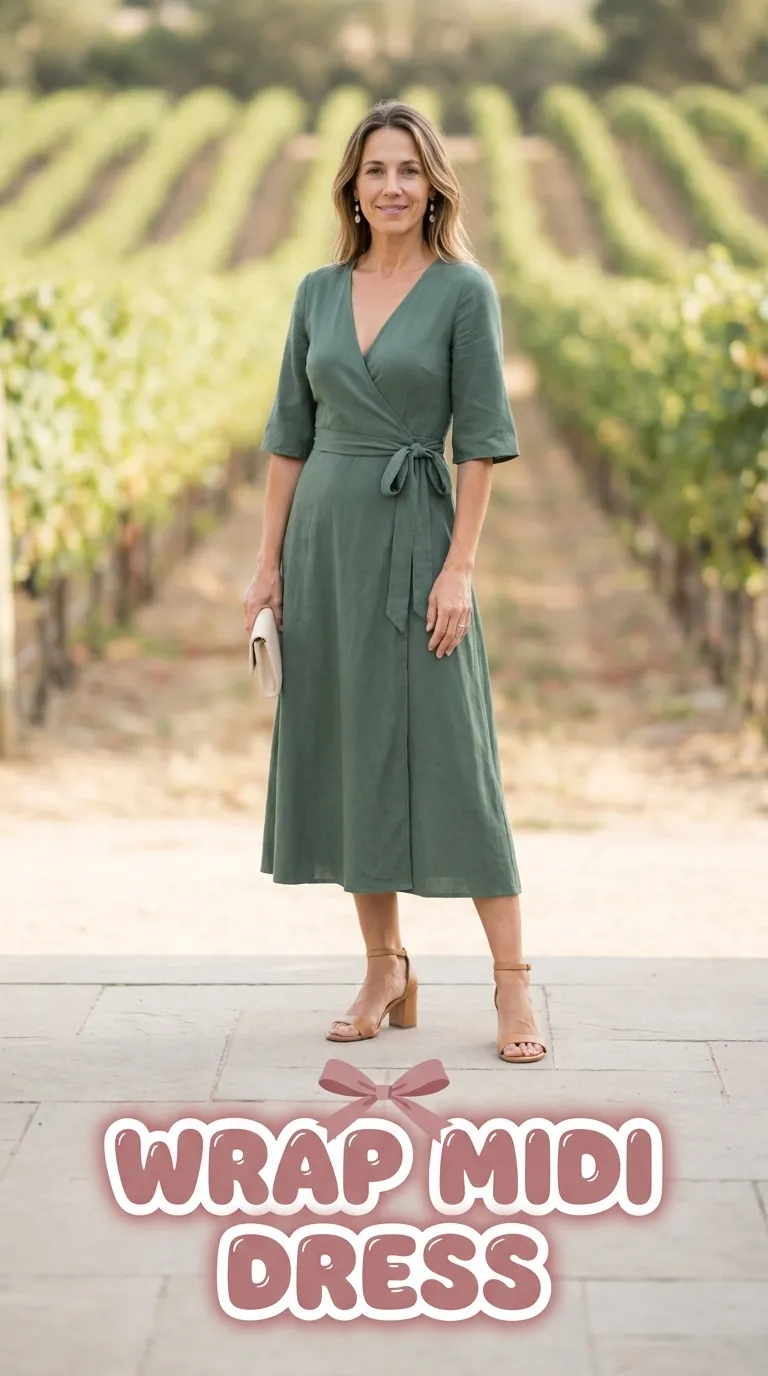 Woman wearing a midi wrap dress with elbow-length sleeves and block-heel sandals