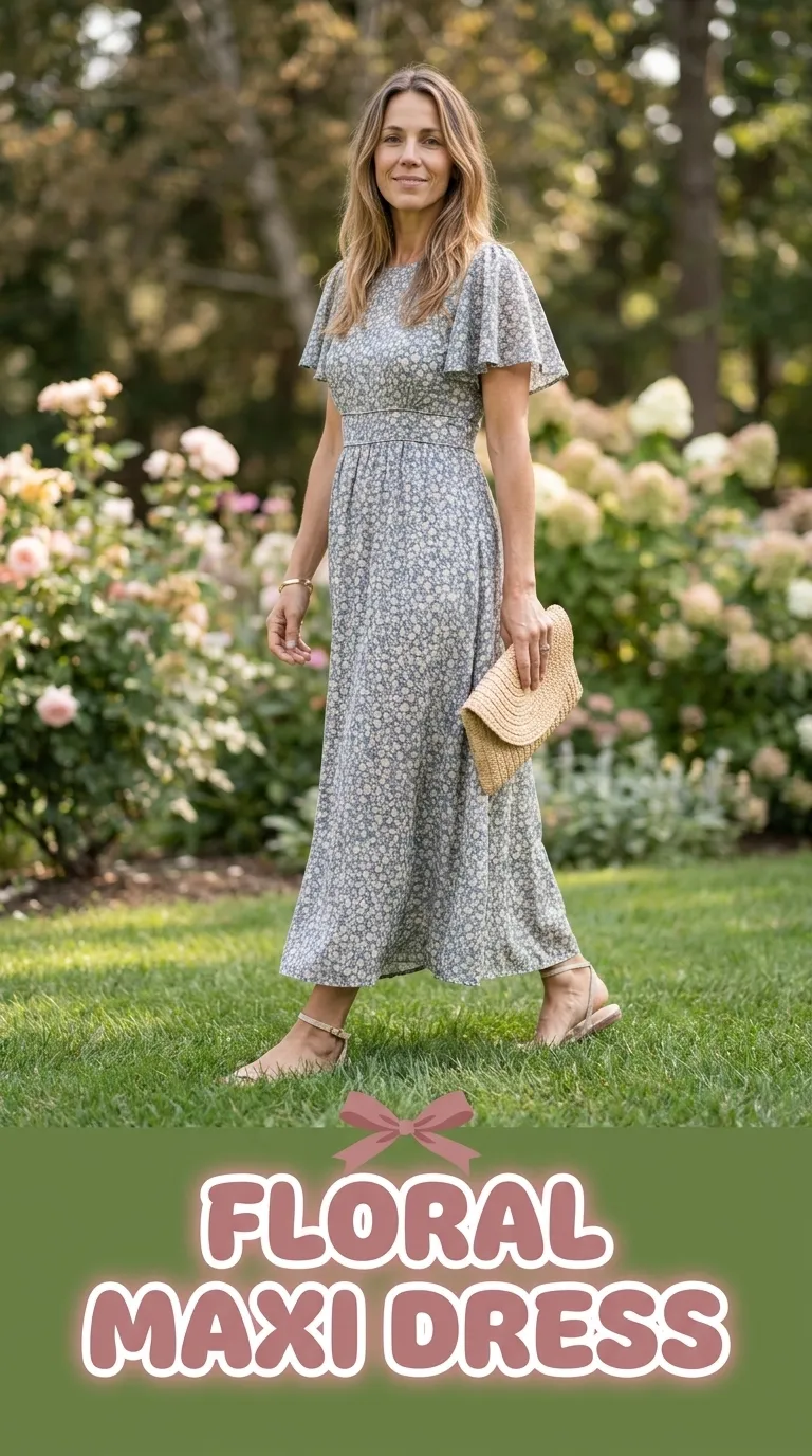 Woman wearing a floral maxi dress with flutter sleeves and dressy flat sandals