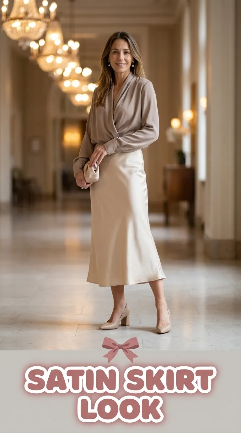 Woman wearing a satin midi skirt with a draped long-sleeve blouse tucked in at the front