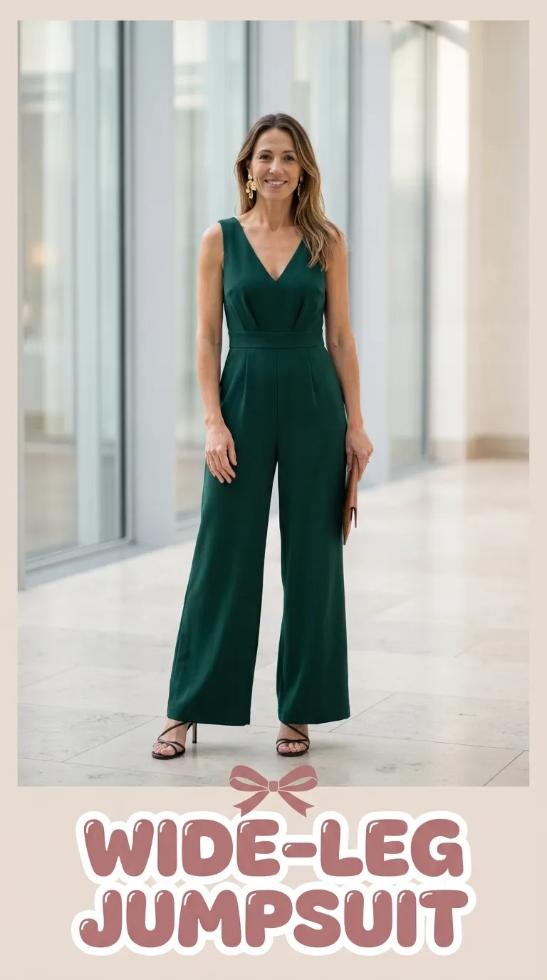 Woman wearing a tailored wide-leg jumpsuit with a V-neckline and statement earrings
